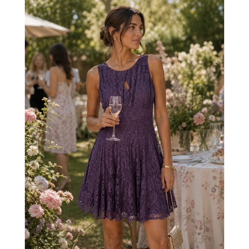 Danny and Nicole Fit and Flare‎ Dress Women 20W Purple Romantic Lace Keyhole